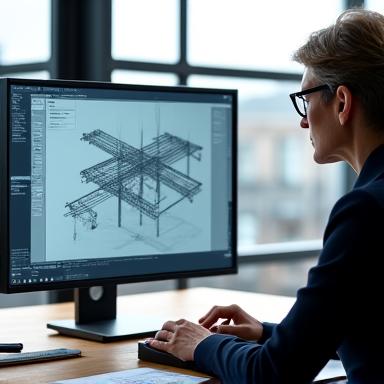 Portrait of a meticulous engineering professional reviewing structural diagrams on a computer screen.